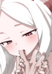 Rule 34 | 1boy, 1girl, ahoge, black horns, blue archive, blush, commentary, finger sucking, hand grab, highres, hina (blue archive), hitotose rin, horns, long hair, looking at hand, pov, pov hands, purple eyes, revision, saliva, solo focus, sweat, symbol-only commentary, tongue, tongue out, white hair