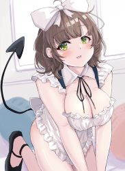 Rule 34 | :d, absurdres, asuka hina, bare arms, bare legs, black ribbon, blush, bow, breasts, breasts squeezed together, brown hair, cleavage, collar, demon tail, dress, frilled dress, frills, green eyes, hair bow, highres, kneeling, large breasts, maid, medium hair, mori (pepekataokapepe), nijisanji, open mouth, ribbon, sandals, short sleeves, smile, tail, virtual youtuber, wavy hair, white bow