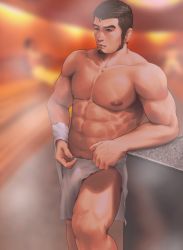 Rule 34 | 1boy, abs, absurdres, bara, black hair, blurry, collarbone, depth of field, elbow rest, expressionless, facial hair, goatee, hair strand, highres, indoors, lang zha zha, large pectorals, lips, looking away, male focus, muscular, muscular male, naked towel, navel, navel hair, nipples, nose, original, pectorals, sauna, short hair, sideburns, solo focus, standing, steam, towel, towel around waist, veins, veiny arms, veiny hands, very short hair