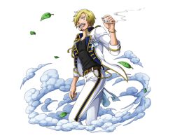Rule 34 | 1boy, blonde hair, cigarette, facial hair, hair over one eye, holding, holding cigarette, jacket, leaf, looking at viewer, medium hair, military jacket, one piece, one piece treasure cruise, open mouth, pants, teeth, transparent background, white pants