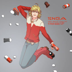 Rule 34 | 10s, 1boy, artificial vagina, barnaby brooks jr., blonde hair, boots, english text, full body, glasses, gradient background, green eyes, jacket, jewelry, jumping, male focus, necklace, product placement, sex toy, solo, tiger &amp; bunny, yumiya