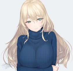 Rule 34 | 1girl, atago (kancolle), blonde hair, blue eyes, breast hold, breasts, closed mouth, crossed arms, kantai collection, large breasts, long hair, long sleeves, ribbed sweater, rokuwata tomoe, simple background, sleeves past wrists, smile, solo, sweater, turtleneck, turtleneck sweater, upper body