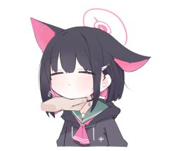 Rule 34 | 1girl, 1other, animal ears, black choker, black jacket, blue archive, blush, cat ears, choker, closed eyes, closed mouth, extra ears, hair ornament, hairclip, halo, hand on another&#039;s chin, hood, hood down, hooded jacket, jacket, kazusa (blue archive), long sleeves, mikozin, petting, simple background, stroking another&#039;s chin, white background