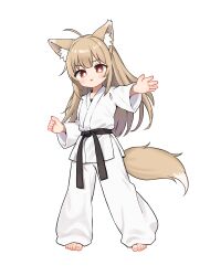 Rule 34 | 1girl, absurdres, ahoge, animal ear fluff, animal ears, barefoot, belt, black belt, blonde hair, bright pupils, brown eyes, chinese commentary, commentary request, dot nose, dougi, fox ears, fox tail, full body, highres, kuma-bound, long hair, open mouth, original, pants, simple background, solo, standing, tail, toes, white background, white pants, white pupils