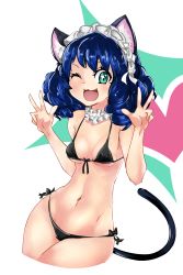 Rule 34 | 10s, 1girl, :3, ;), ;3, animal ears, bikini, black bikini, blue hair, breasts, cat ears, cat girl, cat tail, contrapposto, cowboy shot, cropped legs, curly hair, cyan (show by rock!!), deel (rkeg), detached collar, double v, drill hair, covered erect nipples, fang, female focus, front-tie bikini top, front-tie top, green eyes, highres, maid headdress, navel, one eye closed, open mouth, short hair, show by rock!!, side-tie bikini bottom, small breasts, smile, solo, standing, star-shaped pupils, star (symbol), swimsuit, symbol-shaped pupils, tail, underboob, v, wide hips, wink
