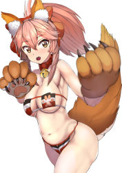 Rule 34 | 1girl, animal ear fluff, animal ears, animal hands, bad id, bad pixiv id, bell, bikini, breasts, cat hair ornament, cat paws, cleavage, collar, eyepatch bikini, fangs, fate/grand order, fate (series), fox ears, fox tail, gloves, groin, hair ornament, hair ribbon, highres, jingle bell, large breasts, long hair, looking at viewer, navel, neck bell, open mouth, paw gloves, pink hair, ponytail, red ribbon, ribbon, sikijou77o, simple background, solo, swimsuit, tail, tamamo (fate), tamamo cat (fate), white background, yellow eyes