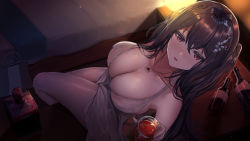 Rule 34 | 1girl, absurdres, azur lane, bag, bare legs, bare shoulders, bed, black hair, bottle, breasts, cleavage, collarbone, cup, desk lamp, dress, drink, drinking glass, grey dress, hair ornament, highres, holding, holding cup, indoors, jewelry, lamp, large breasts, lemontea (ekvr5838), lipstick, long hair, makeup, necklace, official alternate costume, on table, one side up, parted lips, red eyes, sitting, skindentation, sleeveless, sleeveless dress, smile, solo, table, taihou (azur lane), taihou (temptation on the sea breeze) (azur lane), thighs, very long hair, wine bottle, wine glass, wooden table