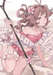 Rule 34 | 1girl, :o, animal ears, antenna hair, arknights, arm support, bad id, bad pixiv id, bikini, brown hair, collarbone, eyjafjalla (arknights), eyjafjalla (summer flower) (arknights), female focus, flower, holding, holding staff, horns, long hair, looking at viewer, midriff, nail polish, navel, off-shoulder bikini, off shoulder, official alternate costume, pink bikini, pink eyes, pink flower, red medicine, red nails, sheep ears, sheep girl, sheep horns, shirt, solo, staff, swimsuit, swimsuit cover-up, thigh strap, twitter username, white shirt