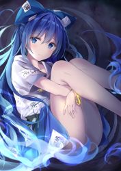 Rule 34 | 1girl, ass, bangle, bare legs, blue bow, blue eyes, blue hair, blue skirt, blue theme, bow, bracelet, closed mouth, commentary request, debt, hair between eyes, hair bow, hood, hoodie, izuru, jewelry, knees up, long hair, looking at viewer, miniskirt, sitting, skirt, solo, stuffed animal, stuffed cat, stuffed toy, thighs, touhou, very long hair, yorigami shion