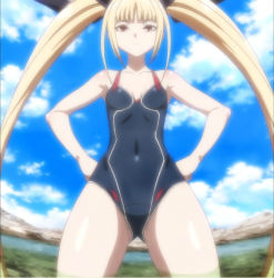 Rule 34 | 1girl, arc system works, armpits, blazblue, blazblue: alter memory, blonde hair, breasts, hands on own hips, highres, outdoors, rachel alucard, small breasts, solo, swimsuit, tagme, twintails