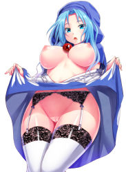 Rule 34 | 1girl, blue eyes, blue hair, blush, bow, bow panties, breasts, cleft of venus, clothes lift, curvy, ebi 193, female focus, garter belt, garter straps, hood, kumoi ichirin, large breasts, looking at viewer, matching hair/eyes, navel, nipples, no bra, no panties, open mouth, panties, pussy, simple background, skirt, skirt lift, solo, thighhighs, touhou, uncensored, underwear, white background, wide hips