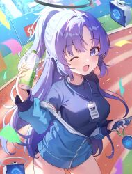 Rule 34 | 1girl, absurdres, blue archive, blue jacket, blue shirt, blush, bottle, breasts, cellphone, cowboy shot, drone, halo, hanen (borry), highres, holding, holding bottle, holding phone, id card, jacket, lanyard, large breasts, long hair, long sleeves, looking at viewer, mechanical halo, official alternate costume, one eye closed, open mouth, partially unzipped, phone, ponytail, purple eyes, purple hair, shirt, smartphone, smile, solo, track jacket, water bottle, yuuka (blue archive), yuuka (track) (blue archive)