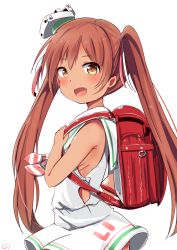 Rule 34 | 10s, 1girl, :d, backpack, bag, bare arms, bare shoulders, blush, brown eyes, brown hair, clothing cutout, dark-skinned female, dark skin, dress, fang, from side, hair ribbon, hat, kantai collection, libeccio (kancolle), long hair, looking at viewer, looking to the side, neckerchief, open mouth, randoseru, ribbon, ribs, sailor dress, side cutout, sleeveless, sleeveless dress, smile, solo, striped neckerchief, striped neckwear, tareme, tonari (ichinichime azuma), twintails, upper body, very long hair, white dress, white hat