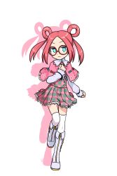 Rule 34 | 1girl, blue eyes, blush, boots, bow, bright pupils, capelet, closed mouth, colored shadow, commission, drop shadow, fold-over boots, forehead, frilled capelet, frills, full body, glasses, grey footwear, grey shirt, hair rings, hand up, highres, knee boots, long sleeves, looking at viewer, miniskirt, muu (mumumer), original, parted bangs, pink capelet, pink hair, plaid, plaid skirt, pleated skirt, puffy long sleeves, puffy sleeves, red-framed eyewear, round eyewear, shadow, shirt, sidelocks, simple background, skeb commission, skirt, sleeves past wrists, solo, standing, standing on one leg, suspender skirt, suspenders, thighhighs, thighhighs under boots, twintails, unmoving pattern, wavy mouth, white background, white footwear, white pupils, white thighhighs, zettai ryouiki, zipper footwear