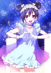 Rule 34 | 10s, 1girl, :d, black hair, blue dress, blush, choker, double bun, dress, earrings, flower, gloves, hair bobbles, hair bun, hair flower, hair ornament, heart, heart hands, highres, jewelry, long hair, looking at viewer, love live!, love live! school idol project, matsuryuu, open mouth, red eyes, smile, solo, white gloves, yazawa nico, yume no tobira