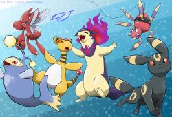 Rule 34 | absurdres, ampharos, ariados, closed eyes, closed mouth, commentary, commission, creatures (company), fangs, fire, game freak, gen 2 pokemon, highres, hisuian typhlosion, inkbooba, lanturn, looking at viewer, looking back, nintendo, no humans, open mouth, pokemon, pokemon (creature), purple fire, red eyes, scizor, tongue, twitter username, umbreon, watermark, web address, yellow eyes