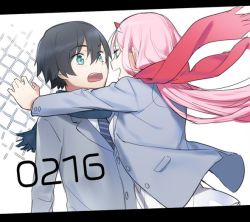 Rule 34 | 10s, 1boy, 1girl, black hair, commentary request, darling in the franxx, face-to-face, grey scarf, hiro (darling in the franxx), horns, hug, long hair, looking at another, necktie, pink hair, red scarf, scarf, school uniform, short hair, striped neckwear, toma (norishio), zero two (darling in the franxx)