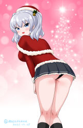 Rule 34 | 1girl, black panties, black socks, blue eyes, capelet, commentary request, feet out of frame, from behind, fur-trimmed capelet, fur-trimmed shirt, fur trim, gradient background, grey hair, grey skirt, hair ornament, hairclip, hat, kantai collection, kashima (kancolle), leaning forward, looking at viewer, looking back, masara (chuujou), official alternate costume, one-hour drawing challenge, panties, pink background, pleated skirt, red capelet, red hat, red shirt, santa hat, shirt, sidelocks, skirt, socks, solo, sparkle, twintails, underwear, wavy hair