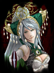 Rule 34 | 1girl, armpits, bare shoulders, breasts, cleavage, closed mouth, green eyes, hat, holding, holding sword, holding weapon, lips, looking at viewer, medium breasts, musou orochi, musou orochi 2, nu wa, silver hair, solo, sword, tassel, weapon