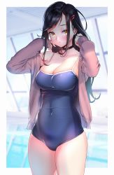 Rule 34 | 1girl, absurdres, arms up, black choker, black hair, black one-piece swimsuit, blue one-piece swimsuit, blush, breasts, choker, cleavage, collarbone, covered navel, cowboy shot, hair ornament, hairclip, highres, indoors, jacket, long hair, long sleeves, looking at viewer, medium breasts, muto (uadocjon 21), one-piece swimsuit, original, outside border, parted lips, pink jacket, pool, reflection, rei no pool, school swimsuit, solo, standing, swimsuit, swimsuit under clothes, thighs, window, yellow eyes