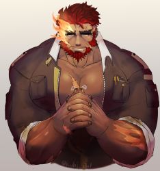 Rule 34 | 1boy, bara, bare pectorals, beard, cropped torso, eyebrow cut, facial hair, fidgeting, flaming eye, hephaestus (housamo), highres, hiota (kuhi 0301), index fingers together, jacket, large pectorals, looking at viewer, male focus, muscular, nervous, open clothes, open jacket, pectorals, red eyes, scar, scar on arm, scar on chest, short hair, solo, tearing up, thick eyebrows, tokyo houkago summoners