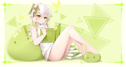 Rule 34 | 1girl, absurdres, alternate costume, bare legs, barefoot, blush, book, border, commentary request, cross-shaped pupils, cyan (2723219252), eyelashes, feet, flat chest, full body, genshin impact, gradient hair, green background, green eyes, green hair, grey hair, hair ornament, highres, holding, knees up, leaning back, legs, long hair, multicolored hair, nahida (genshin impact), open mouth, pointy ears, shirt, sidelocks, sitting, sleeveless, sleeveless shirt, slime (genshin impact), solo, symbol-shaped pupils, thighs, toes, white border