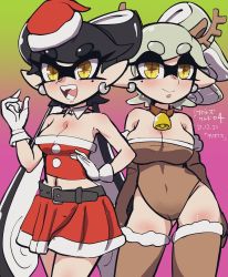 Rule 34 | + +, 2girls, animal costume, animal ears, antlers, bell, belt, black belt, black gloves, black hair, breasts, brown collar, brown legwear, brown leotard, callie (splatoon), christmas, cleavage, closed mouth, collar, commentary, cousins, covered navel, dated, detached collar, dress, earrings, elbow gloves, fake animal ears, fangs, gloves, gradient background, green background, grey hair, hand on own hip, hat, highres, horns, inkling, jewelry, leotard, long hair, looking at viewer, marie (splatoon), medium breasts, midriff, miniskirt, mole, mole under eye, multiple girls, navel, neck bell, nintendo, open mouth, pointy ears, purple background, red dress, red headwear, red shirt, red skirt, reindeer antlers, reindeer costume, santa costume, santa hat, shirt, short hair, side-by-side, skirt, smile, splatoon (series), standing, strapless, strapless leotard, swept bangs, tentacle hair, thighhighs, tube top, usa (dai9c carnival), very long hair, white gloves