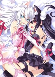 Rule 34 | 10s, 2girls, :p, absurdres, alternate costume, animal ears, aqua eyes, bare shoulders, bell, black hair, black heart (neptunia), black legwear, cat ears, cat girl, cat tail, collar, detached sleeves, dual persona, female focus, garter straps, highres, lace, lace-trimmed legwear, lace trim, lingerie, long hair, lying, miniskirt, multiple girls, navel, neck bell, negligee, neptune (series), noire (neptunia), official art, on side, open mouth, red eyes, ribbon, see-through, selfcest, silver hair, skirt, sleeves past wrists, tail, tail ornament, tail ribbon, tears, thighhighs, tongue, tongue out, tsunako, twintails, underwear, white legwear, yuri