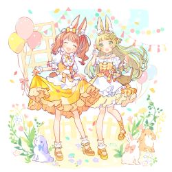 Rule 34 | 2girls, :d, animal ear fluff, ankle cuffs, asymmetrical footwear, balloon, banner, basket, blush, border, bow, braid, brown hair, choker, closed eyes, confetti, detached collar, dress, easter, easter egg, egg, fence, flower, frilled dress, frilled shirt collar, frills, hair bobbles, hair bow, hair flower, hair ornament, hair ribbon, high heels, highres, holding, holding basket, jewelry, long hair, mameyanagi, multiple girls, off-shoulder dress, off shoulder, open mouth, original, plant, pom pom (clothes), rabbit, rabbit girl, rabbit tail, ribbon, ribbon choker, ring, short sleeves, single wrist cuff, skirt hold, smile, standing, standing on one leg, tail, twintails, very long hair, waist bow, wrist cuffs