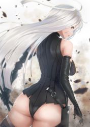 Rule 34 | 1girl, absurdres, ass, back, black thighhighs, breasts, debris, elbow gloves, floating hair, frenlyse, from behind, gloves, highres, holding, holding weapon, huge filesize, large breasts, lips, long hair, looking at viewer, looking back, mechanical arms, mechanical parts, nier (series), nier reincarnation, prosthesis, prosthetic arm, scabbard, sheath, single elbow glove, single mechanical arm, solo, tachibana yuu (shika), thighhighs, very long hair, weapon, white hair, yellow eyes