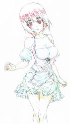 Rule 34 | 1girl, absurdres, alternate costume, blush, breasts, brown eyes, brown hair, cleavage, collarbone, color trace, colored pencil (medium), commentary, corset, cowboy shot, dirndl, dress, frilled dress, frills, german clothes, girls und panzer, head tilt, highres, light blush, light frown, looking at viewer, makicha (sasurainopink), medium breasts, nishizumi maho, parted lips, short dress, short hair, short sleeves, solo, standing, thigh gap, thighs, traditional media