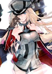 Rule 34 | 1girl, absurdres, adjusting headwear, armor, bare shoulders, bismarck (kancolle), blonde hair, blue eyes, breastplate, breasts, detached sleeves, expressionless, floating hair, gloves, hat, highres, kantai collection, large breasts, long hair, looking at viewer, military, military hat, military uniform, okayu (papiko1111), peaked cap, rigging, solo, uniform
