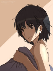 Rule 34 | 1girl, absurdres, aged up, amagami, bare shoulders, bed sheet, black hair, blush, brown eyes, closed mouth, commentary request, earrings, highres, jewelry, looking at viewer, mitojyaneeeeyo, naked sheet, nanasaki ai, short hair, smile, solo, sweatdrop