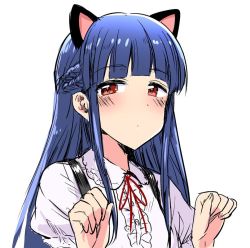 Rule 34 | 1girl, animal ears, blue hair, blush, braid, cat ears, closed mouth, dot mouth, long hair, looking at viewer, paw pose, red eyes, red ribbon, ribbon, side braid, simple background, solo, tsurui, white background
