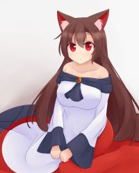 Rule 34 | 1girl, animal ear fluff, animal ears, bare shoulders, breasts, brooch, brown hair, collarbone, dress, hands on lap, hashi2387, highres, imaizumi kagerou, jewelry, large breasts, long hair, long sleeves, looking at viewer, multicolored clothes, multicolored dress, off-shoulder dress, off shoulder, red dress, red eyes, simple background, sitting, solo, touhou, white background, white dress, wide sleeves, wolf ears