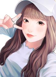 Rule 34 | 1girl, baseball cap, black eyes, brown hair, closed mouth, hand up, hat, highres, jewelry, lipstick, long hair, looking at viewer, makeup, original, parted lips, red lips, ring, shirt, simple background, smile, solo, tsunko (9v2 q), upper body, v, white background, white hat, white shirt