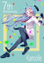 Rule 34 | 001machi, 1girl, absurdres, anniversary, bad id, bad pixiv id, black gloves, black pantyhose, blue background, blurry, confetti, copyright name, depth of field, dress, fingerless gloves, full body, gloves, hair ribbon, headgear, highres, kantai collection, loafers, long hair, looking at viewer, murakumo (kancolle), necktie, orange eyes, pantyhose, polearm, red necktie, ribbon, sailor dress, shoes, sidelocks, silver hair, solo, spear, thighband pantyhose, tress ribbon, weapon