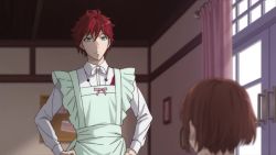 Rule 34 | 10s, 1boy, 1girl, apron, bow, curtains, dance with devils, frills, from behind, green eyes, hands on own hips, house, indoors, long sleeves, looking at another, red hair, room, screencap, short hair, tachibana lindo, tachibana ritsuka, window