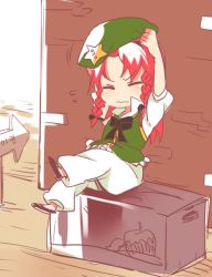 Rule 34 | 1girl, 6 (yuchae), arrow (symbol), box, braid, child, chinese clothes, hat, hong meiling, long hair, on box, pants, red hair, sitting, sitting on object, sleepy, solo, star (symbol), touhou, twin braids, wall