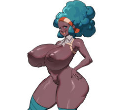 Rule 34 | 1girl, breasts, creatures (company), curvy, dark-skinned female, dark skin, female focus, game freak, green hair, highres, huge breasts, lenora (pokemon), lips, long hair, looking at viewer, maniacpaint, navel, nintendo, nipples, plump, pokemon, pokemon bw, pussy, simple background, solo, thick thighs, thighs, white background, wide hips