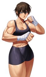 Rule 34 | &gt;:(, 1girl, abs, absurdres, bare shoulders, biceps, black bra, black shorts, bra, breasts, brown hair, clenched hands, crotch, fighting stance, frown, grey eyes, hand wraps, highres, lips, looking at viewer, medium breasts, messy hair, muscular, muscular female, navel, nose, saotome senshu hita kakusu, saotome yae, serious, short hair, shorts, solo, solo focus, sotcho, sports bra, sportswear, standing, thick thighs, thighs, tomboy, underwear, v-shaped eyebrows, white background
