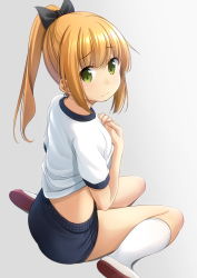 Rule 34 | 1girl, ass, black bow, blonde hair, blue buruma, blush, bow, buruma, closed mouth, clothes lift, commentary request, green eyes, grey background, gym uniform, hair between eyes, hair bow, high ponytail, highres, kneehighs, long hair, looking at viewer, looking back, original, ponytail, puffy short sleeves, puffy sleeves, shibacha, shirt, shirt lift, shoe soles, shoes, short sleeves, shorts, sidelocks, simple background, socks, solo, thighs, uwabaki, white footwear, white shirt, white socks