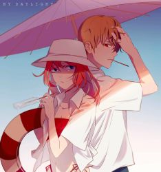 Rule 34 | 1boy, 1girl, artist name, back-to-back, blonde hair, blue eyes, carrying, carrying under arm, collared shirt, daylight919, food, gintama, hair between eyes, hair down, hand on head, hat, highres, innertube, kagura (gintama), looking back, mouth hold, oil-paper umbrella, okita sougo, open clothes, open mouth, open shirt, popsicle, purple umbrella, red eyes, red hair, shaded face, shirt, short sleeves, swim ring, swimsuit, umbrella, white headwear, white shirt