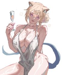 Rule 34 | 1girl, animal ears, arknights, blonde hair, breasts, clothing request, cup, drinking glass, large breasts, medium hair, purple eyes, solo, tail, utage (arknights), white background, wine glass, yuukiey