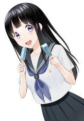 Rule 34 | 1girl, black hair, black sailor collar, black skirt, chitanda eru, commentary request, cowboy shot, food, highres, holding, hyouka, kamiyama high school uniform (hyouka), long hair, looking at viewer, myjiq, open mouth, pleated skirt, popsicle, purple eyes, sailor collar, school uniform, serafuku, simple background, skirt, smile, solo, teeth, upper teeth only, white background