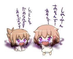 Rule 34 | 10s, 2girls, :d, alternate costume, brown hair, commentary, fang, folded ponytail, gale kawaii, hair ornament, hairclip, ikazuchi (kancolle), inazuma (kancolle), kantai collection, long hair, long sleeves, multiple girls, nanodesu (phrase), open mouth, ponytail, short hair, skin fang, smile, translated, aged down