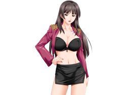 Rule 34 | 1girl, asaga aoi, black hair, breasts, cleavage, game cg, hand on own hip, jacket, large breasts, leather, legs, long hair, looking at viewer, okaa-san to naisho, okaasan to naisho, simple background, skirt, smile, solo, standing, tattoo, thighs