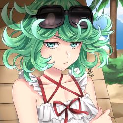 Rule 34 | 1boy, 1girl, 2019, alternate costume, bare shoulders, beach, cloud, cloudy sky, commentary request, curly hair, eyewear on head, flat chest, green eyes, green hair, looking at viewer, maroonabyss, one-punch man, palm tree, reflection, saitama (one-punch man), short hair, sky, sunglasses, sunglasses on head, swimsuit, tatsumaki, tree