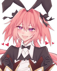 Rule 34 | 1boy, astolfo (fate), astolfo (saber) (fate), black bow, black bowtie, black ribbon, blush, bow, bowtie, cinq101, fang, fate/grand order, fate (series), hair bow, hair intakes, hair ribbon, heart, highres, juliet sleeves, long hair, long sleeves, looking at viewer, male focus, multicolored hair, open mouth, pink hair, puffy sleeves, purple eyes, ribbon, simple background, smile, solo, streaked hair, trap, twintails, white background, white hair