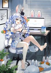 Rule 34 | 1girl, :d, animal ear fluff, animal ears, bare legs, barefoot, black leotard, blue hair, blush, bow, braid, breasts, carrot hair ornament, chair, cleavage, commentary request, detached sleeves, don-chan (usada pekora), dorsiflexion, dress, feet, food-themed hair ornament, full body, fur scarf, hair bow, hair ornament, hololive, indoors, keyboard (computer), leotard, leotard under clothes, medium breasts, milk carton, monitor, multicolored hair, negiyan, office chair, open mouth, pekomon (usada pekora), plant, potted plant, rabbit ears, red eyes, short eyebrows, sitting, smile, solo, strapless, strapless dress, swivel chair, thick eyebrows, twin braids, twintails, two-tone hair, usada pekora, usada pekora (1st costume), virtual youtuber, white bow, white dress, white hair, window blinds